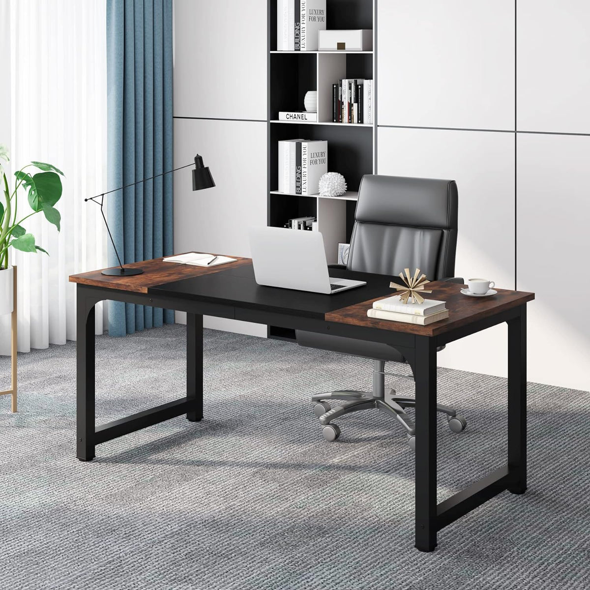 Tribesigns Schreibtisch Computertisch, PC Tisch Bürotisch Arbeitstisch Esstisch in Schwarz Für Home Office Zu Hause Schreibtische, Konferenztisch (Rustikales Braun/Schwarz, 180 X 80 X 75 Cm)