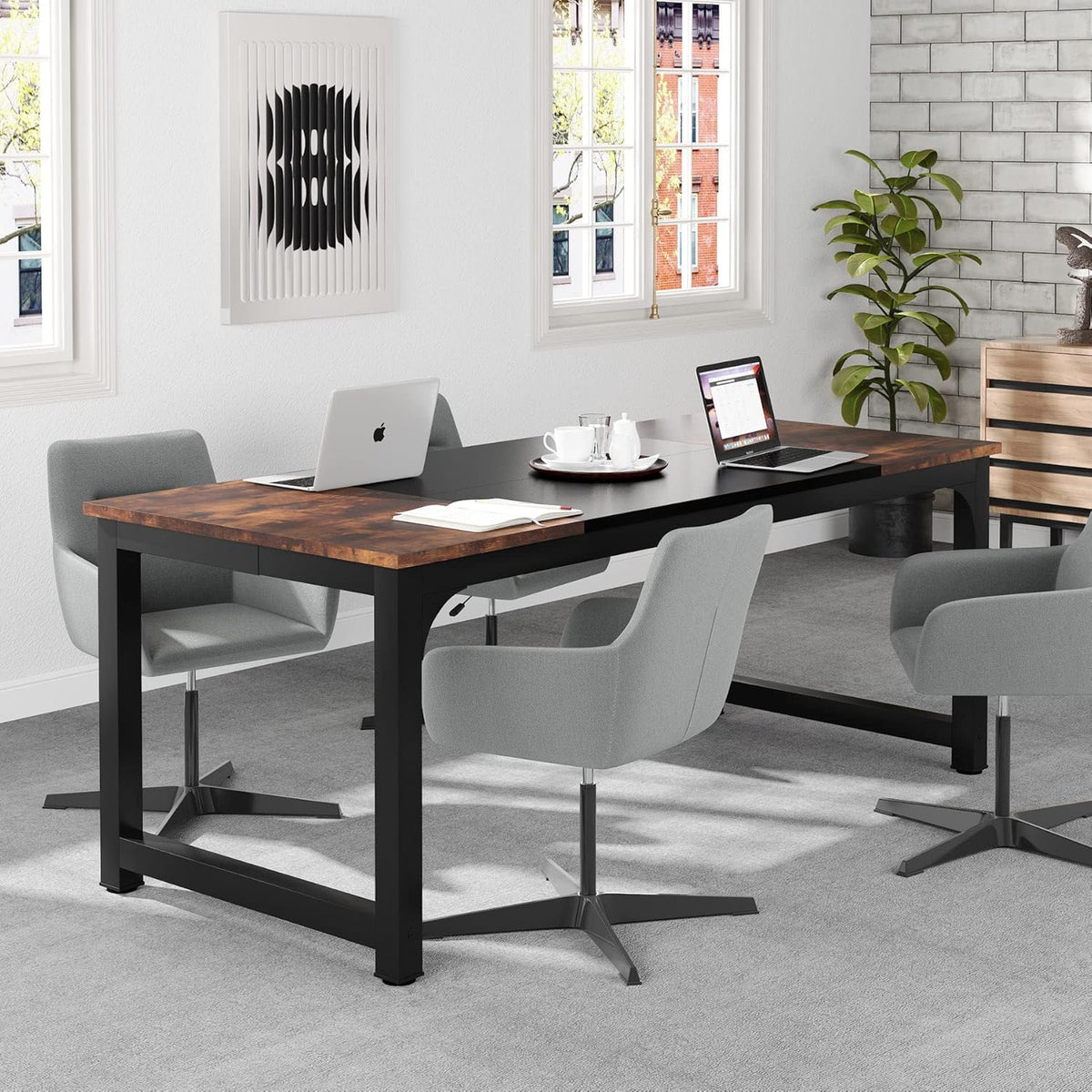 Tribesigns Schreibtisch Computertisch, PC Tisch Bürotisch Arbeitstisch Esstisch in Schwarz Für Home Office Zu Hause Schreibtische, Konferenztisch (Rustikales Braun/Schwarz, 180 X 80 X 75 Cm)