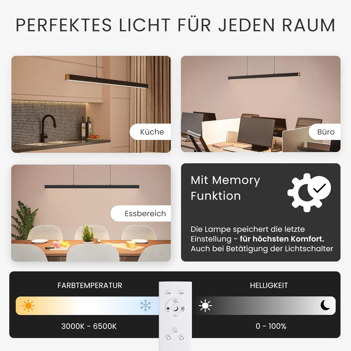MATO LED Pendelleuchte Esstisch Höhenverstellbar Schwarz - Lichtfarbe Stufenlos Einstellbar & Dimmbar per Fernbedienung - 100Cm Länge - Esstischlampe Hängend, Esszimmerlampe, Hängelampe Esszimmer