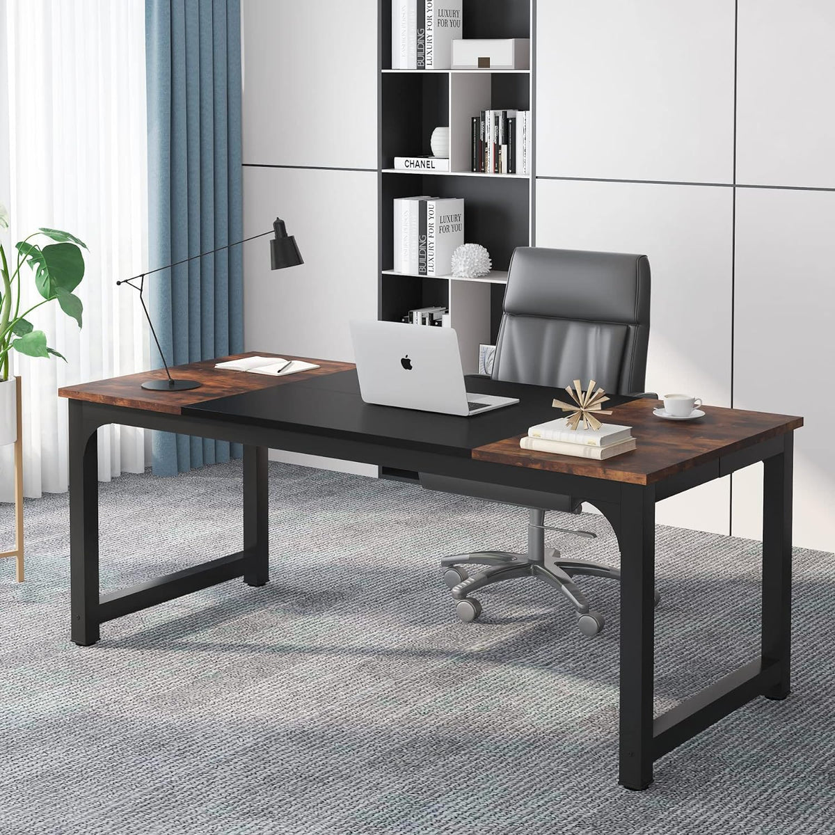 Tribesigns Schreibtisch Computertisch, PC Tisch Bürotisch Arbeitstisch Esstisch in Schwarz Für Home Office Zu Hause Schreibtische, Konferenztisch (Rustikales Braun/Schwarz, 180 X 80 X 75 Cm)