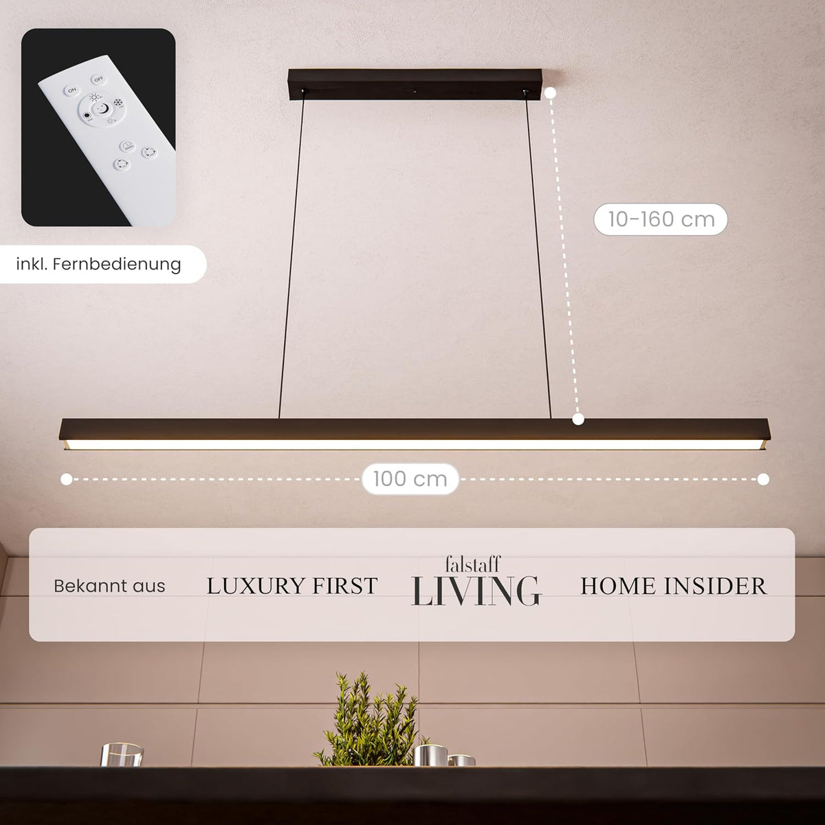 MATO LED Pendelleuchte Esstisch Höhenverstellbar Schwarz - Lichtfarbe Stufenlos Einstellbar & Dimmbar per Fernbedienung - 100Cm Länge - Esstischlampe Hängend, Esszimmerlampe, Hängelampe Esszimmer