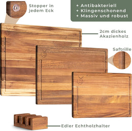WALDWERK Schneidebrett 3Er Set (40X30 / 33X24 / 26X18Cm) Aus Massiver Akazie - Schneidebretter Mit Brettständer - 2Cm Dicke Holzbretter Mit Saftrille - Design Schneidebrett Set