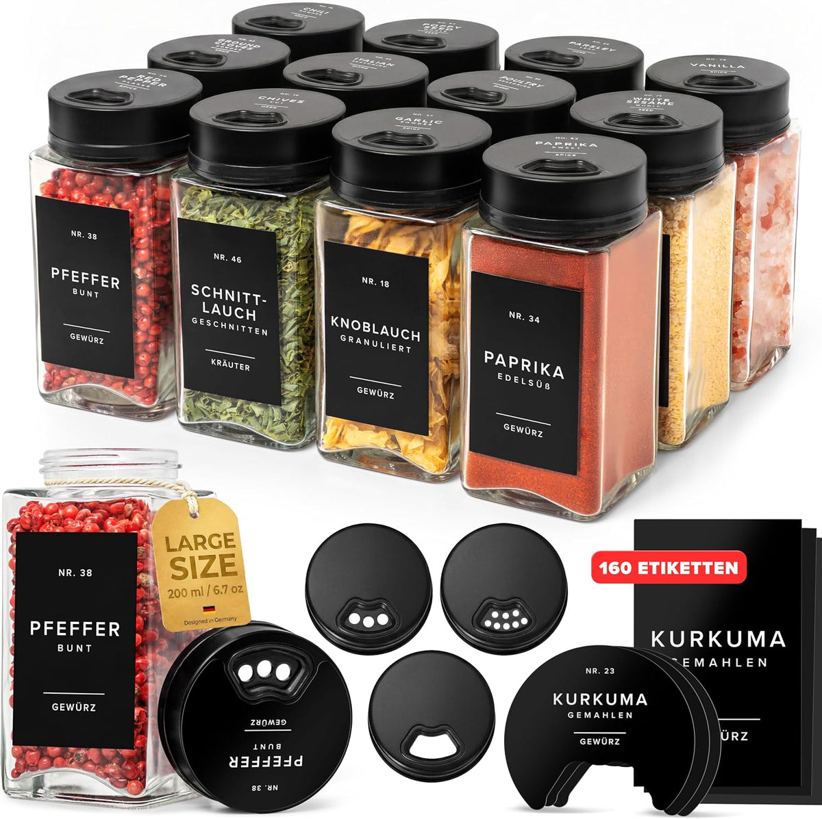EDELHAUS Gewürzgläser Eckig Set Mit Schwarzem Verstellbarerem Deckel (12 X 200 Ml) Gewürzstreuer Mit Streueinsatz Und 160 Etiketten Schwarz - Hochwertige Gewürzbehälter, Gewürzdosen, Gewürze Organizer