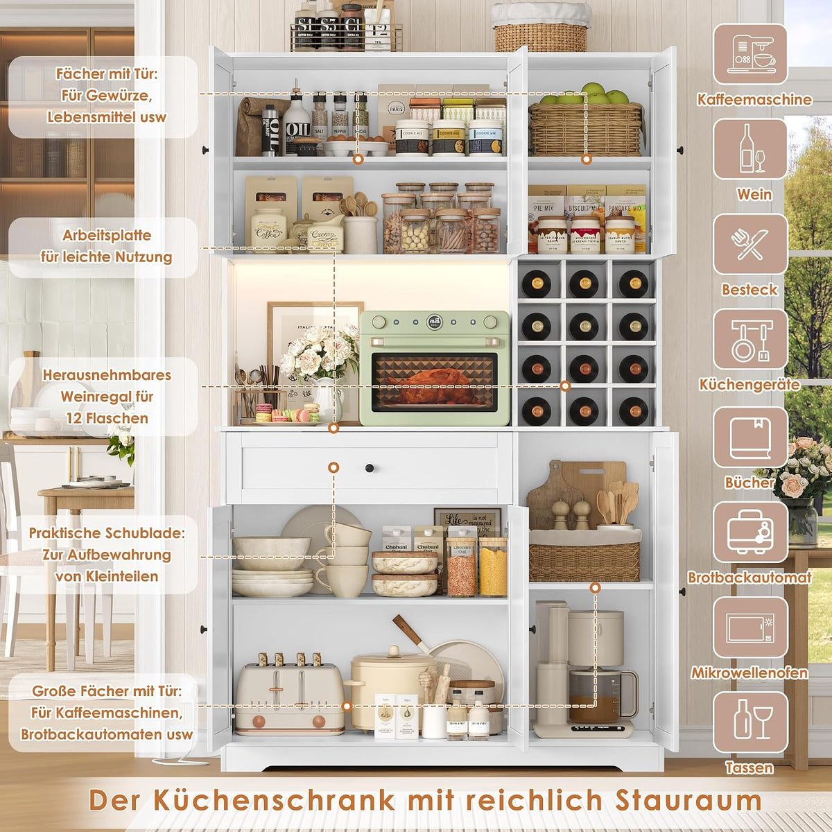 Firfurd Küchenschrank 180Cm Buffetschrank Mit LED Sideboard Für Küche Mit Steckdosenleiste Küchenschrank Mit Arbeitsplatte & Weinregal Für 12 Flaschen Küchenbuffet Küchenmöbel 180X100X39Cm Weiß