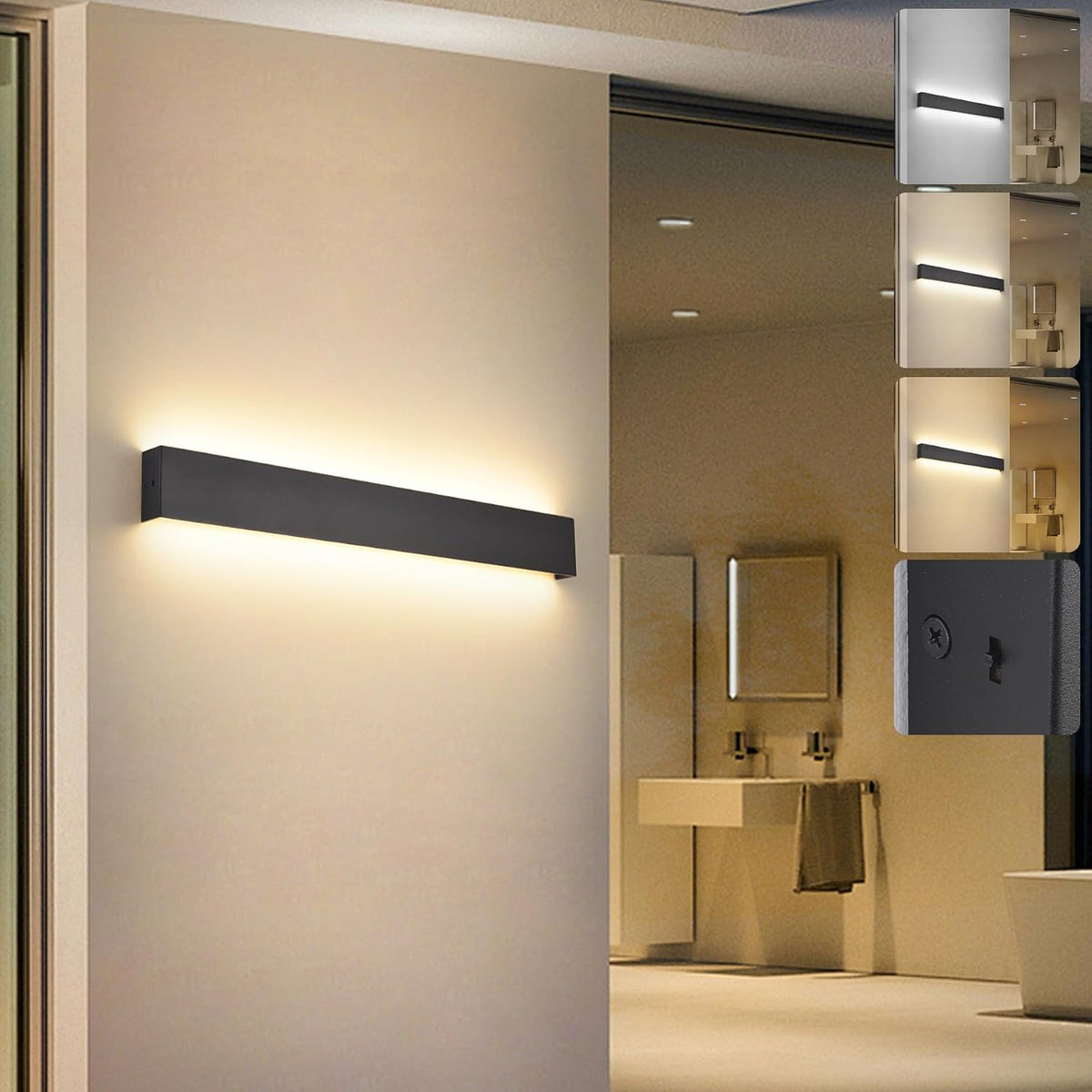KUKAK LED Wandleuchte Innen,30W Wandlampe,Modern Lampe Wand,3000K/4000K/6000K Wandlampen,Up down Wandbeleuchtung,Flurlampe Wandleuchten Für Wohnzimmer Schlafzimmer Treppenhaus Flur 96Cm Schwarz