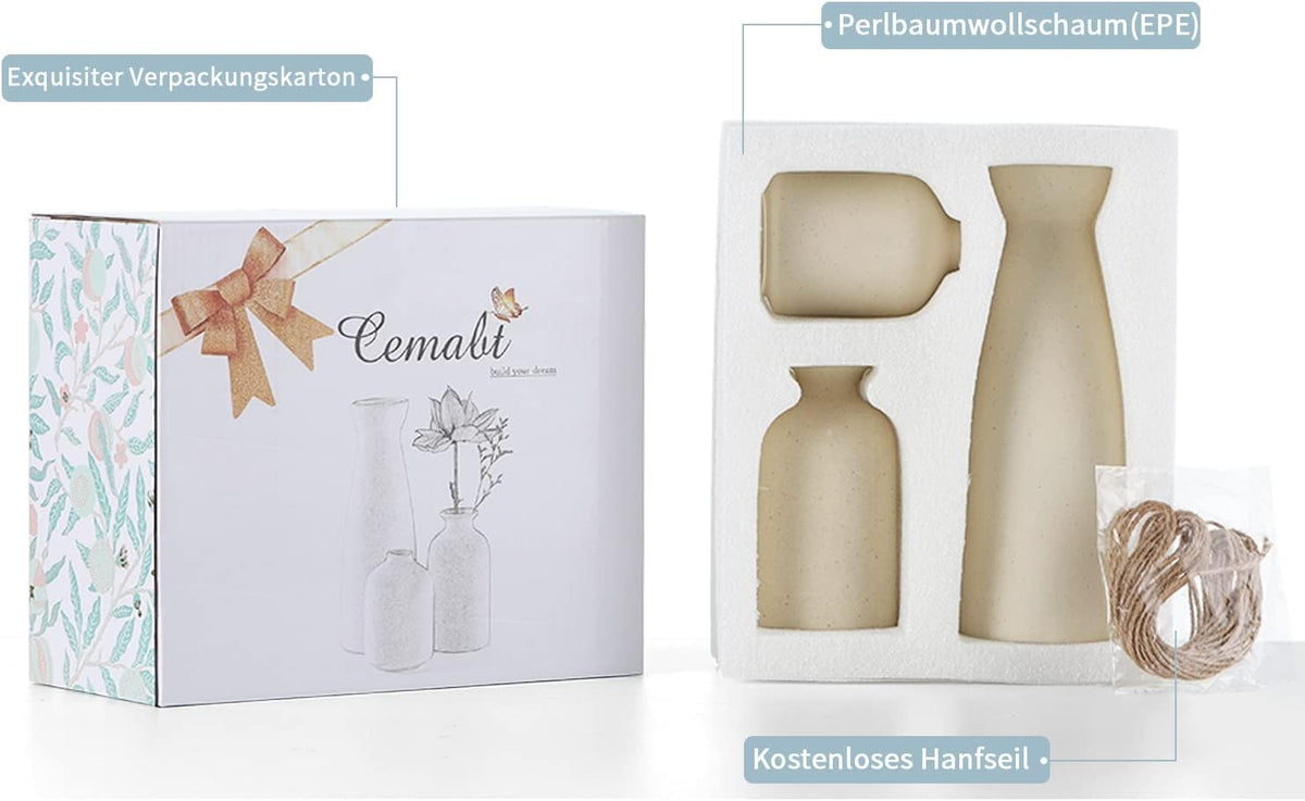 CEMABT Keramik Vasen 3Er-Set Kleine Blumenvasen Für Dekor, Moderne Rustikale Bauernhaus Home Decor, Dekorative Für Pampas Grass&Getrocknete Blumen, Idee Regal,Tisch, Bücherregal,Mantel (Natur)