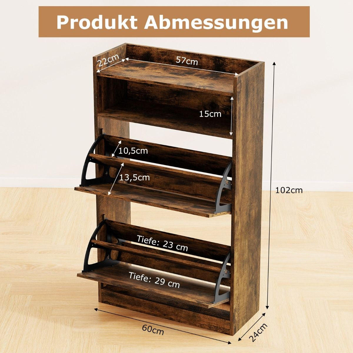 Schuhschrank Mit 2 Klappfächern Schlankes Verstecktes Holz-Schuhregal Weiß/Rustikale Holzoptik