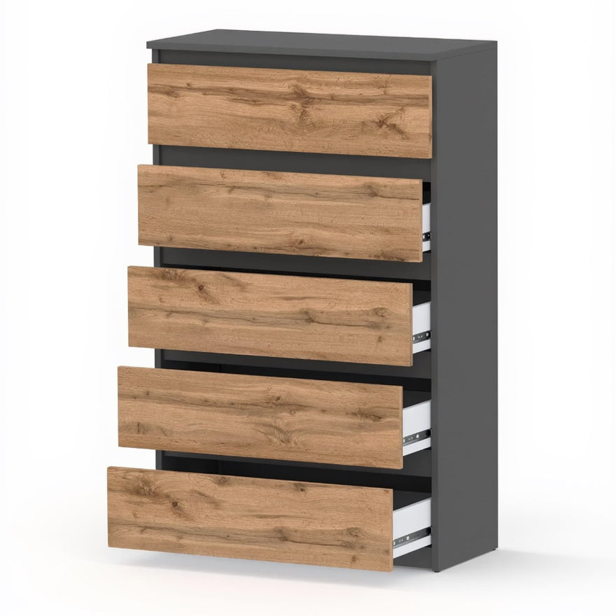 Kommode Mit 5 Schubladen - Holz Sideboard 70X115X33,5 Cm (B/H/T) - Schmale Kommode Für Schlafzimmer & Flur - Regal Mit Schubladen - Schrank Mit Schubladen (Grau Matt/Wotan)