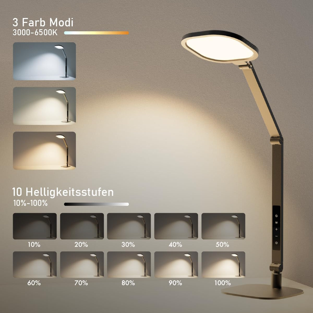 Litones Schreibtischlampe LED Dimmbare, Augenschutz Tageslichtlampe Schreibtisch Mit 3 Farbmodi Und Touch-Steuerung/Memory-Funktion,15W Schwenkarm Bürolampe Mit Stecker,Schwarz