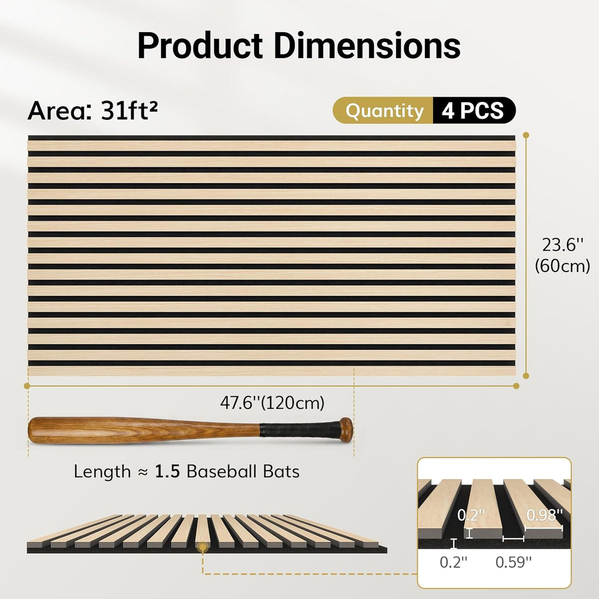 TONOR Akustikpaneele Holz, 4 Stück 120 X 60Cm - 2,88M² Wandpaneele Holz Holzpaneele Wand Als Schallschutzplatten, Wandverkleidung Holzoptik Für Wanddeko Wohnzimmer, Büro, Küche, Eiche