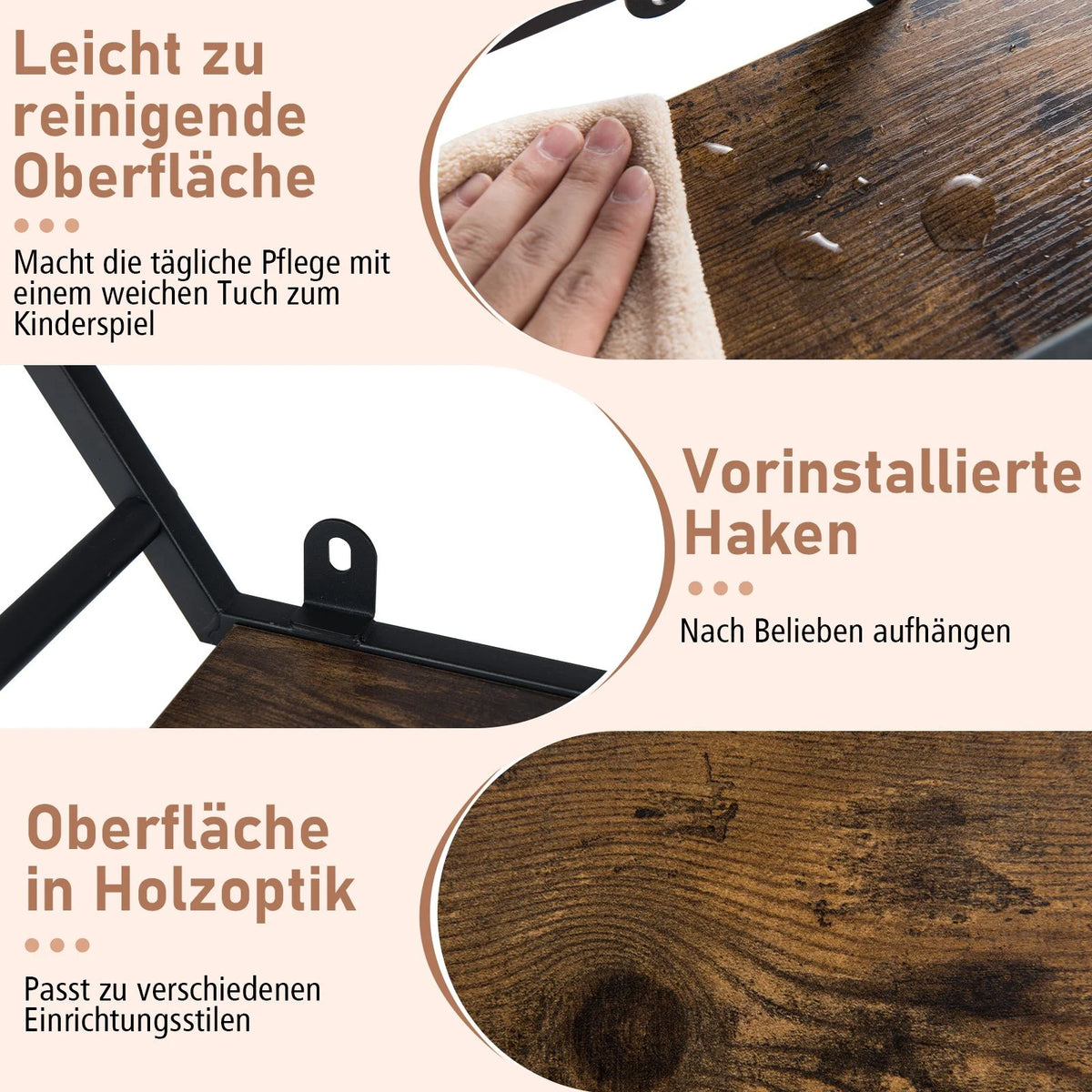 Industrielle Hexagon Wandregal 3-Stufiges Dekorative Schwebende Regal Mit Haken Rustikal