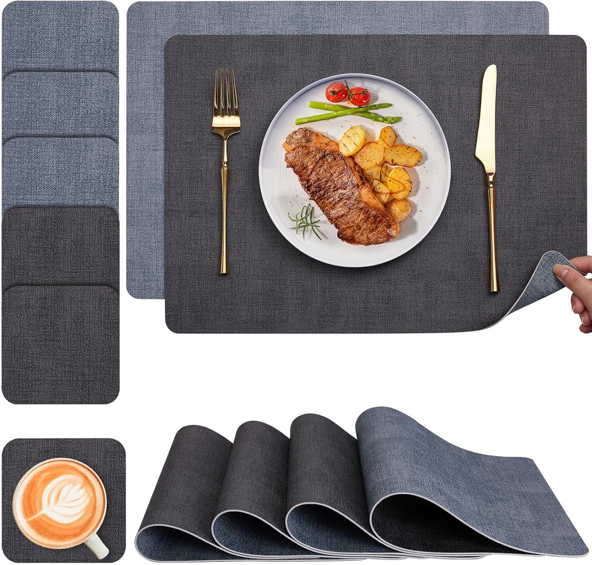 Tischsets Abwaschbar Und Untersetzer 6Er Set, Platzsets Abwaschbar Doppelseitig Bedruckt Kunstleder Schmutzabweisend & Rutschfest, Platzdeckchen Abwischbar Mit Lederoptik Für Esszimmer