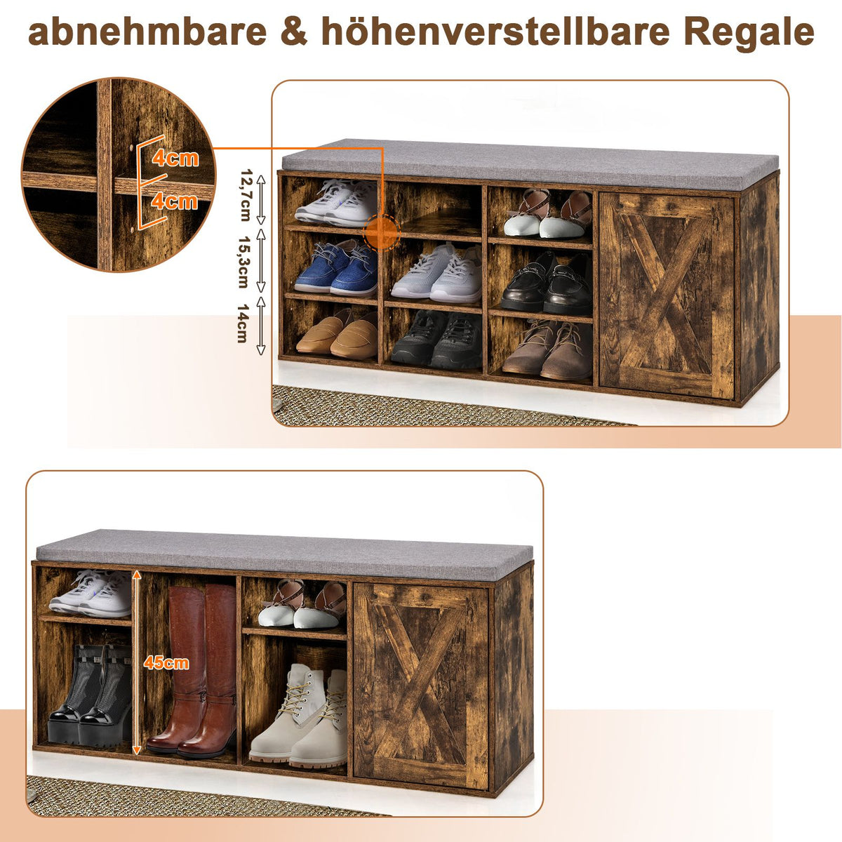 Schuhbank Mit Gepolstertem Kissen & 9 Fächern 3-Stöckiger Schuhregal Mit Verstellbaren Regalen Braun/Weiß