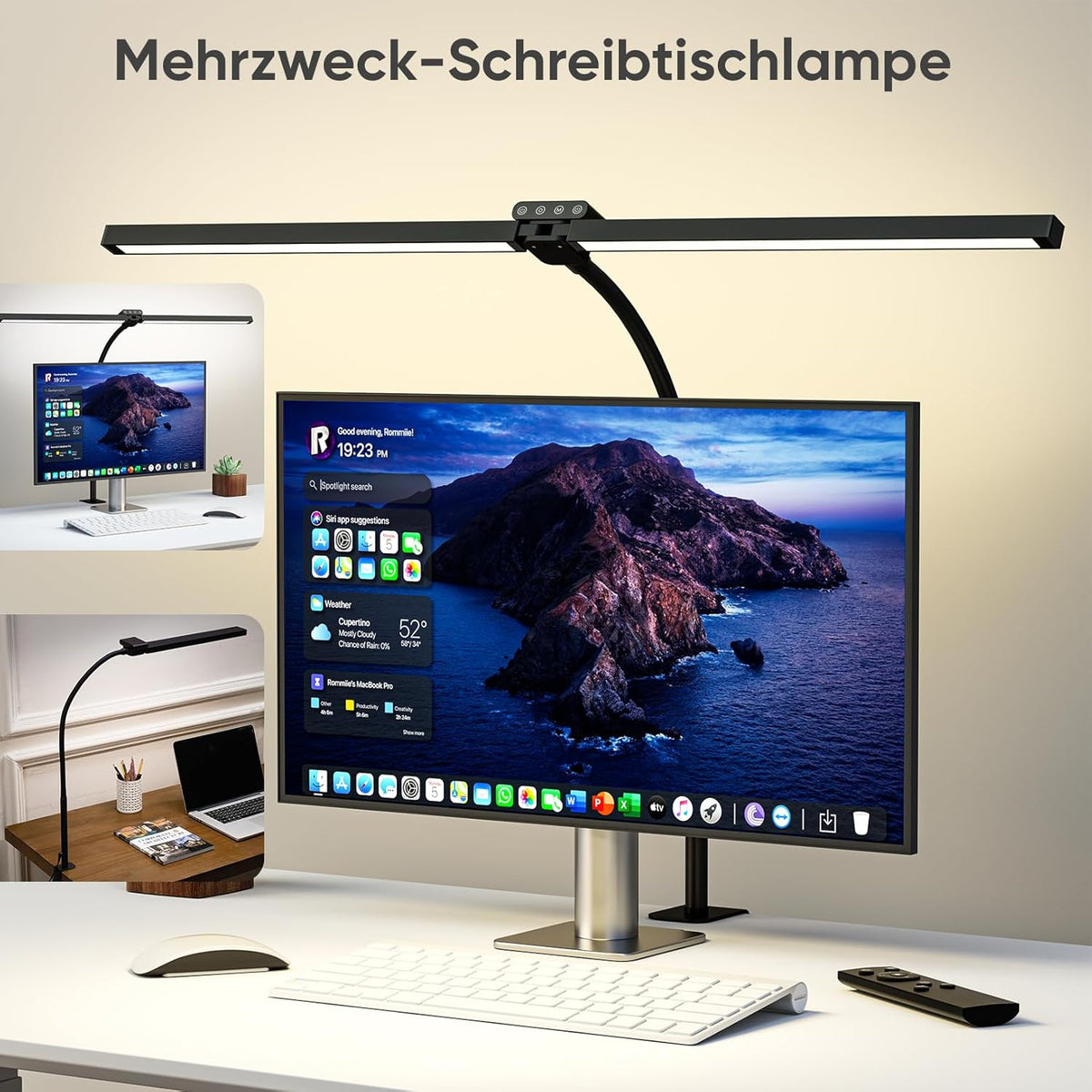 Doppelkopf LED Schreibtischlampe Mit RGB,24W Dimmbar Schreibtischleuchte Mit Fernbedienungen, Klemmbar Tageslichtlampe Mit Stufenlose Dimmung&Farb,Büro Tischlampe Für Home&Office (Schwarz)