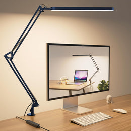SKYLEO Schreibtischlampe LED – Schreibtischlampe Klemmbar 1300LM – 5 Farbmodi X 11 Helligkeitsstufen – Verstellbarer Schwenkarm – Timmer Und Speicherfunktion – 12W Desk Lamp – Schwarz