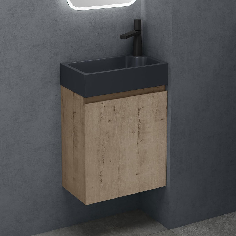 Doporro Badezimmerschrank Badmöbel-Set in Eiche Greige Bxtxh: 46X26X63Cm Waschtisch Mit Unterschrank Mit Mineralguss-Waschbecken in Matt Anthrazit Gäste-Wc Wandmontage Pisa02