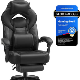 SONGMICS Gaming-Stuhl, Ergonomisches Design, Mit Fußstütze | Bürostuhl, Computerstuhl, Verstellbares Kopfkissen, Lendenkissen, Tragkraft 150 Kg, OBG077G01