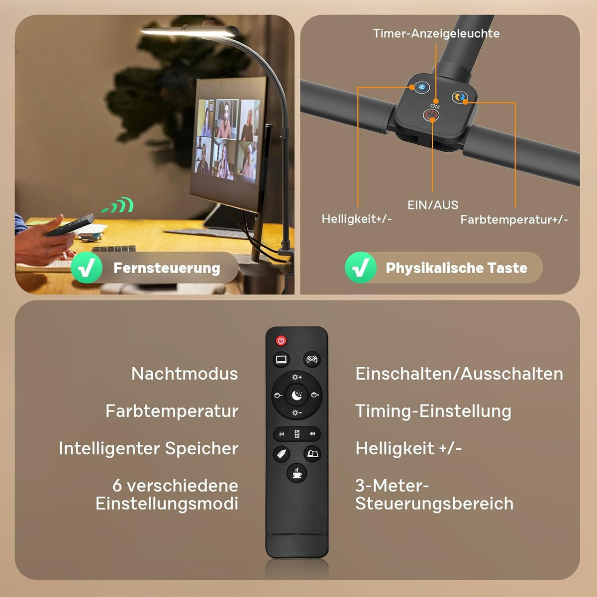 Doppelkopf Schreibtischlampe LED Dimmbar, 24W 80CM Klemmbar Tageslichtlampe Schreibtisch Lampe, Schwanenhals Büro Tischlampe Augenschutz Arbeitsplatzleuchte Monitor Lampe, Schwarz