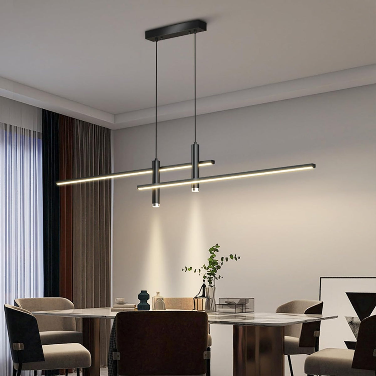 Moderne LED Pendelleuchte Esstisch Hängelampe Dimmbar Mit Fernbedienung Esszimmer Hängeleuchte Esszimmerlampe Pendellampe Höhenverstellbar Kronleuchter Für Büro Hängeleuchte (Schwarz, L120Cm)