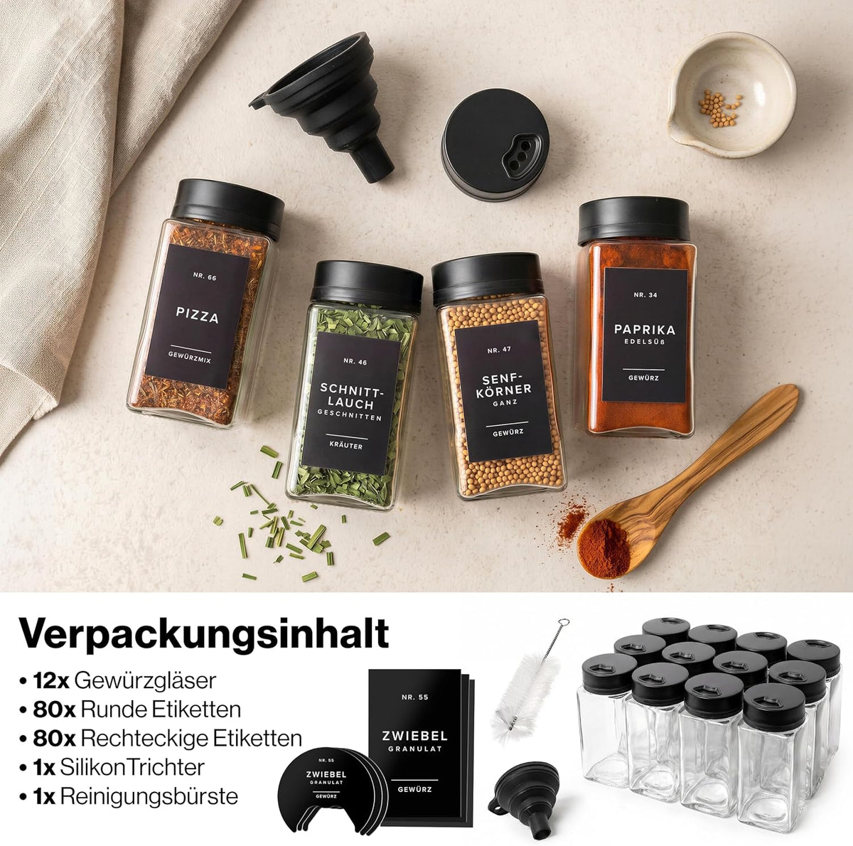 EDELHAUS Gewürzgläser Eckig Set Mit Schwarzem Verstellbarerem Deckel (12 X 200 Ml) Gewürzstreuer Mit Streueinsatz Und 160 Etiketten Schwarz - Hochwertige Gewürzbehälter, Gewürzdosen, Gewürze Organizer