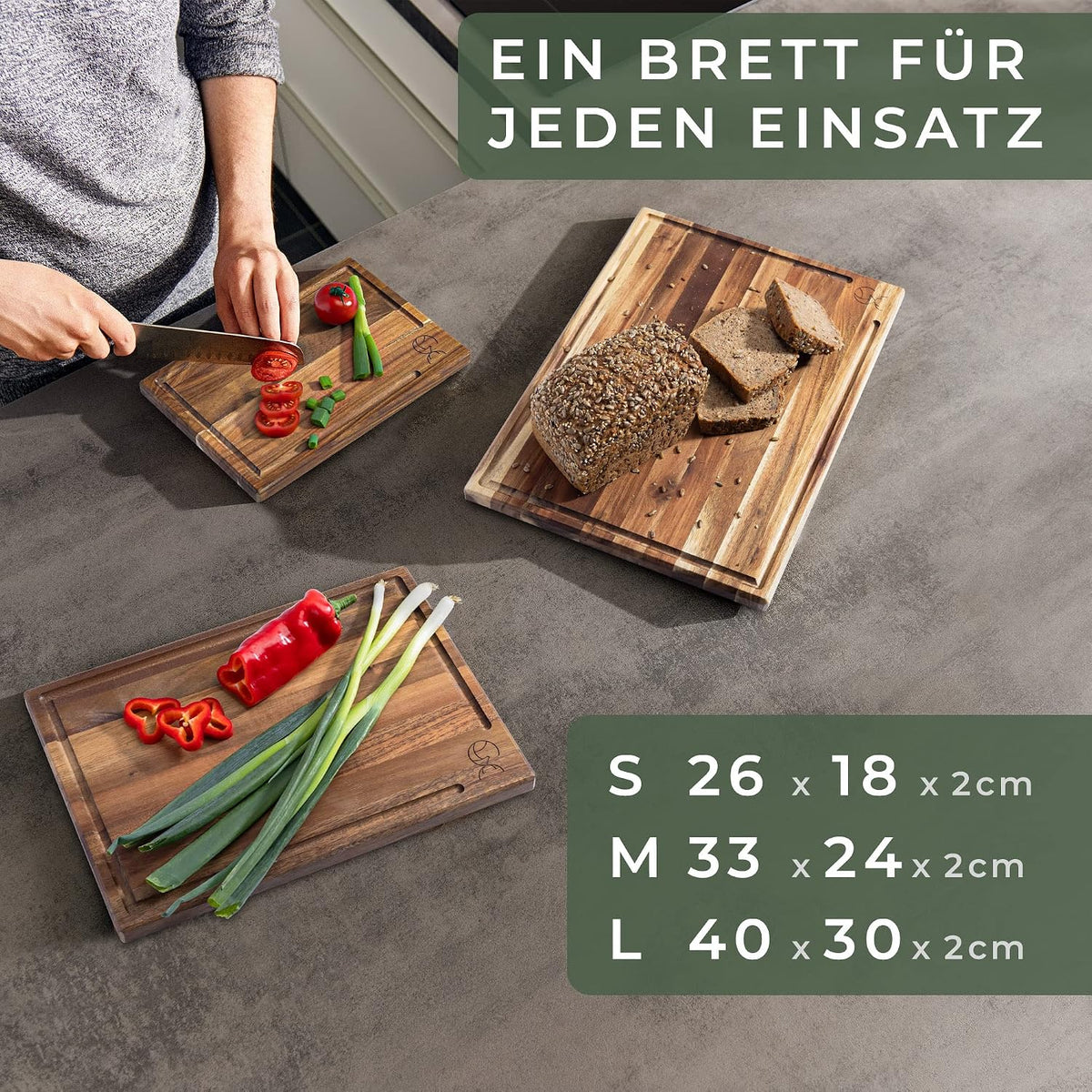 WALDWERK Schneidebrett 3Er Set (40X30 / 33X24 / 26X18Cm) Aus Massiver Akazie - Schneidebretter Mit Brettständer - 2Cm Dicke Holzbretter Mit Saftrille - Design Schneidebrett Set