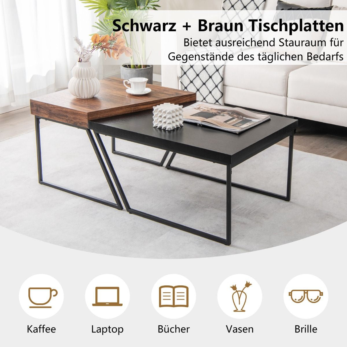2 Couchtischen Moderner Beistelltisch 120 X 60 X 46 Cm Schwarz + Braun