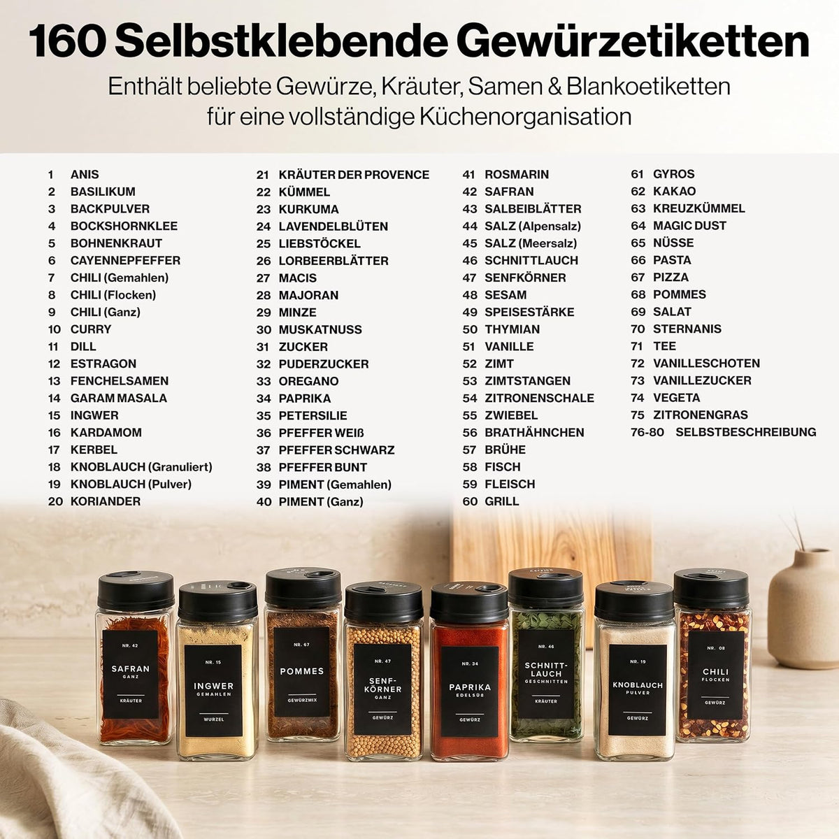 EDELHAUS Gewürzgläser Eckig Set Mit Schwarzem Verstellbarerem Deckel (12 X 200 Ml) Gewürzstreuer Mit Streueinsatz Und 160 Etiketten Schwarz - Hochwertige Gewürzbehälter, Gewürzdosen, Gewürze Organizer