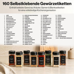 EDELHAUS Gewürzgläser Eckig Set Mit Schwarzem Verstellbarerem Deckel (12 X 200 Ml) Gewürzstreuer Mit Streueinsatz Und 160 Etiketten Schwarz - Hochwertige Gewürzbehälter, Gewürzdosen, Gewürze Organizer