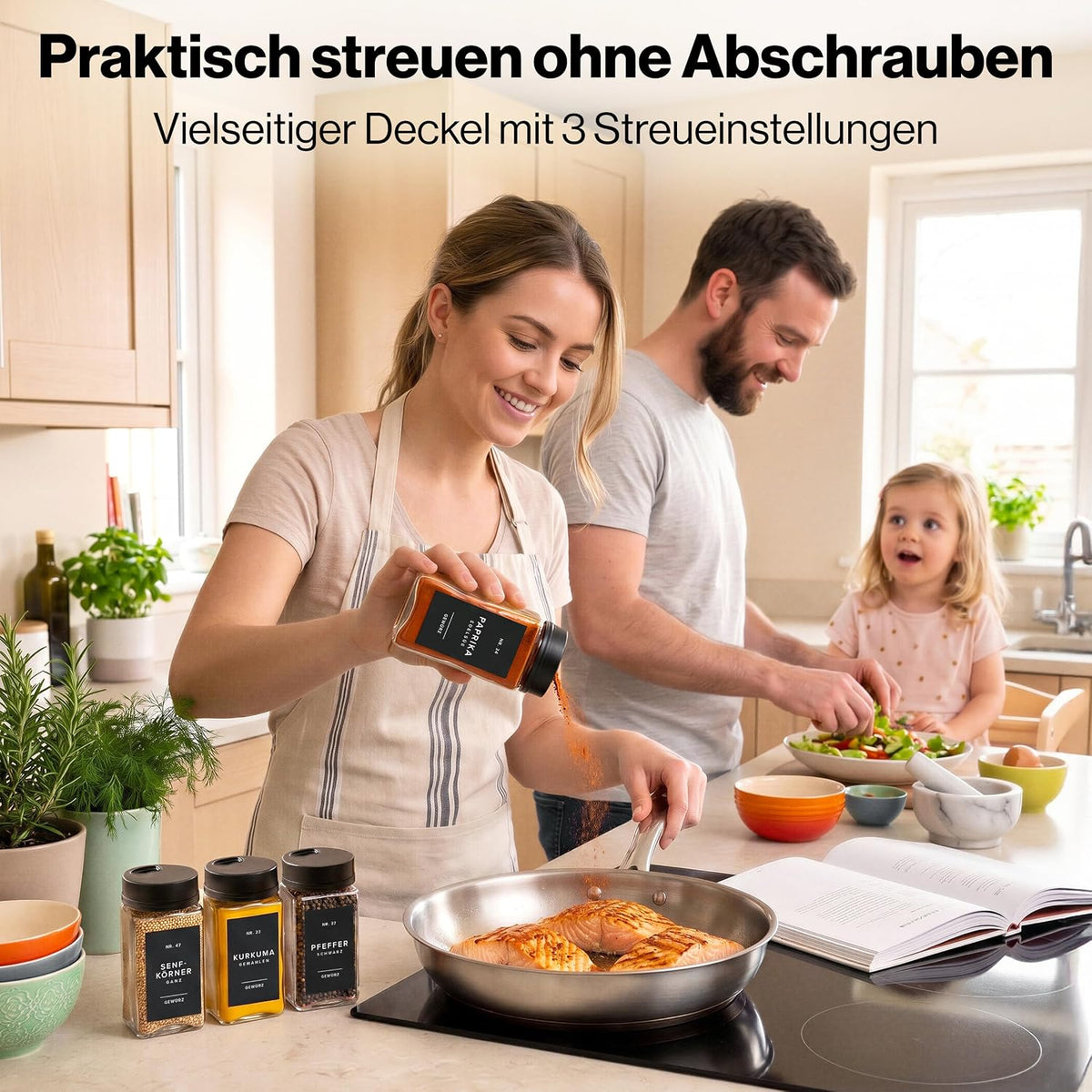EDELHAUS Gewürzgläser Eckig Set Mit Schwarzem Verstellbarerem Deckel (12 X 200 Ml) Gewürzstreuer Mit Streueinsatz Und 160 Etiketten Schwarz - Hochwertige Gewürzbehälter, Gewürzdosen, Gewürze Organizer