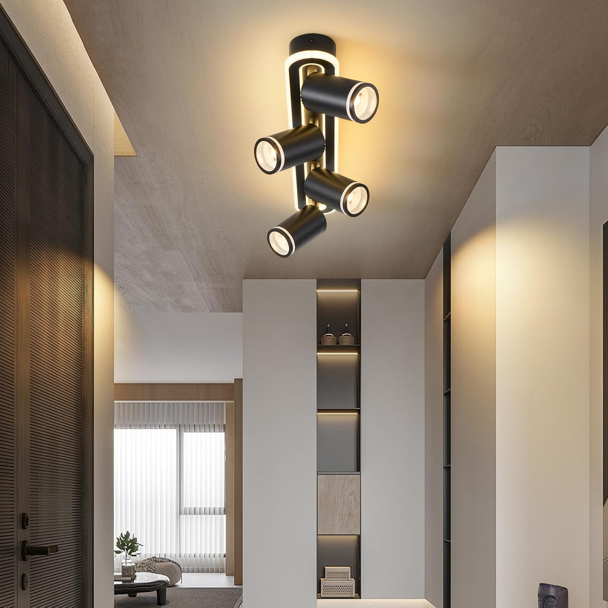 SANSHI Deckenleuchte 4 Flammig Led,Schwenkbar 350°Deckenstrahler,Deckenlampe Mit Unteres Glühen 36W+4X5W GU10 Spots,Modern Deckenspot Strahler 3000K Warmweiß,Spotlight Lampe Für Wohnzimmer,Schwarz