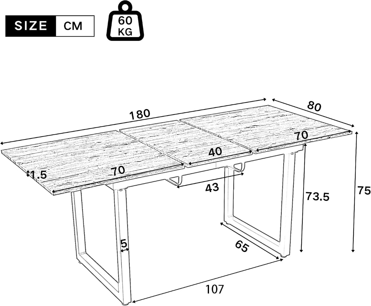 Merax Esstisch 140/180X80X75Cm, Ausziehbar Esszimmertisch Mit Tischbeine Aus Metall, Rechteckiger Küchentisch Für Wohnzimmer Und Esszimmer, Holzfarbe