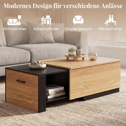 Couchtisch Wohnzimmertisch Mit Ausziehbarer Schublade & Verstecktem Geheimfach Rechteckiger Kaffeetisch