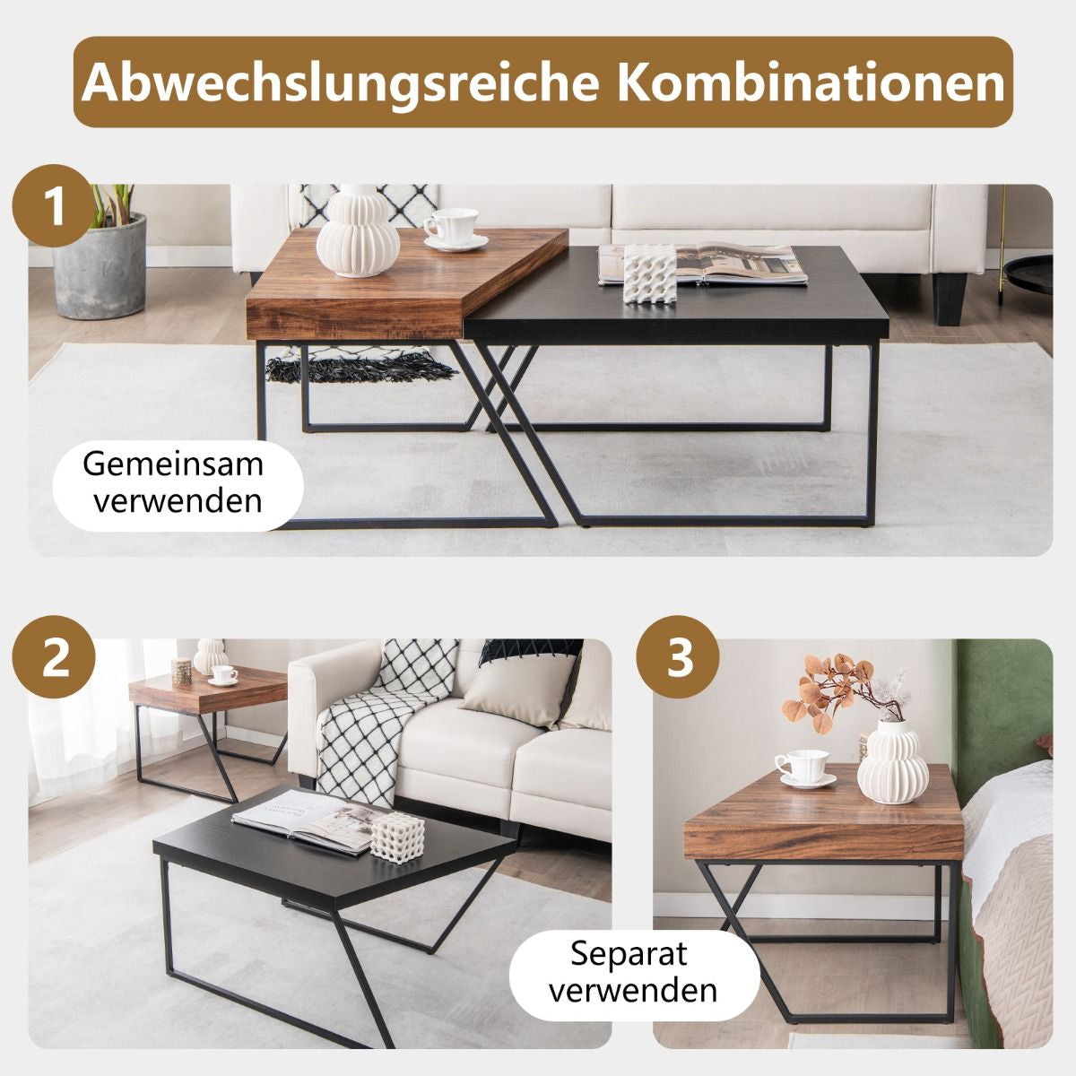 2 Couchtischen Moderner Beistelltisch 120 X 60 X 46 Cm Schwarz + Braun