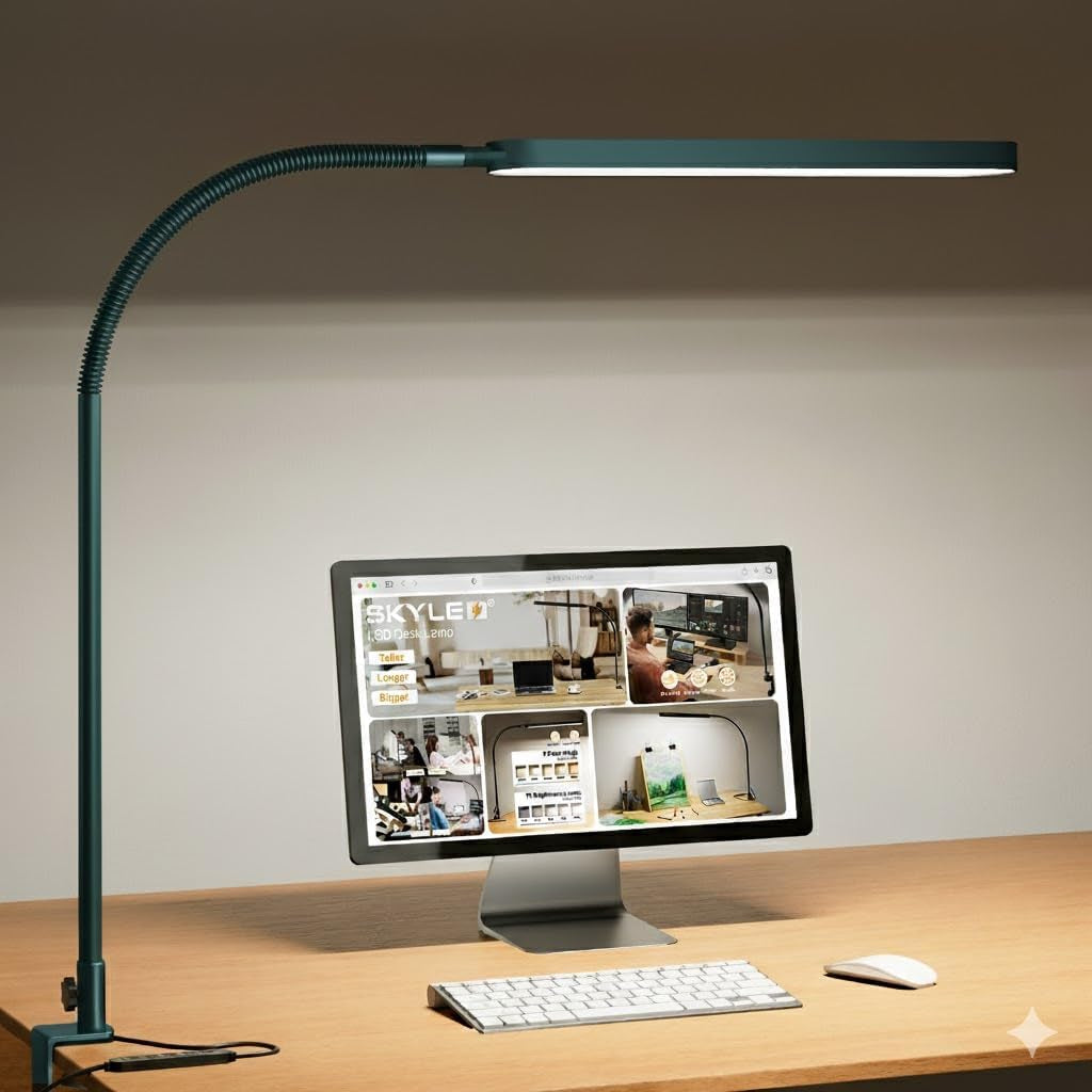 SKYLEO Schreibtischlampe LED – Schreibtischlampe Klemmbar 1300LM – 5 Farbmodi X 11 Helligkeitsstufen – Verstellbarer Schwenkarm – Timmer Und Speicherfunktion – 12W Desk Lamp – Schwarz