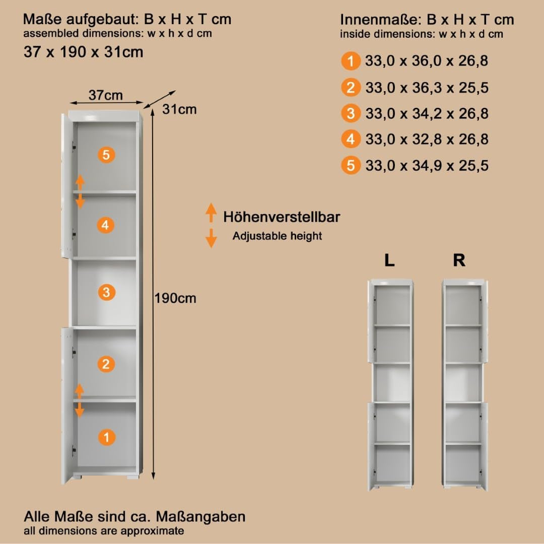 Trendteam Smart Living - Amanda - Hochschrank - Weiß Hochglanz - Badezimmerschrank Mit 2 Verstellbaren Einlegeböden - (Bxhxt) 37 X 190 X 31 Cm - Moderner Badschrank Mit 4 Fächern Und Einer Ablage
