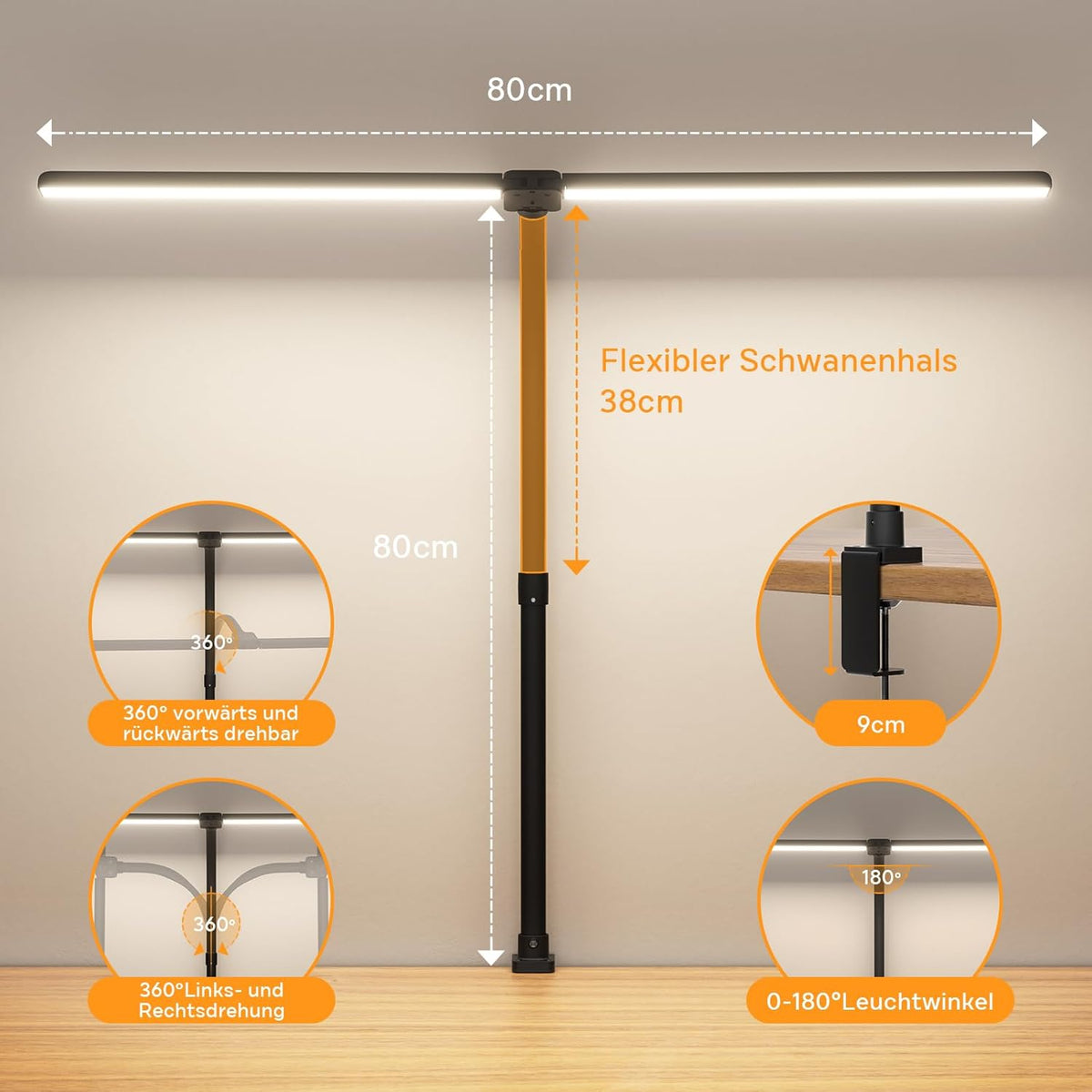Doppelkopf Schreibtischlampe LED Dimmbar, 24W 80CM Klemmbar Tageslichtlampe Schreibtisch Lampe, Schwanenhals Büro Tischlampe Augenschutz Arbeitsplatzleuchte Monitor Lampe, Schwarz