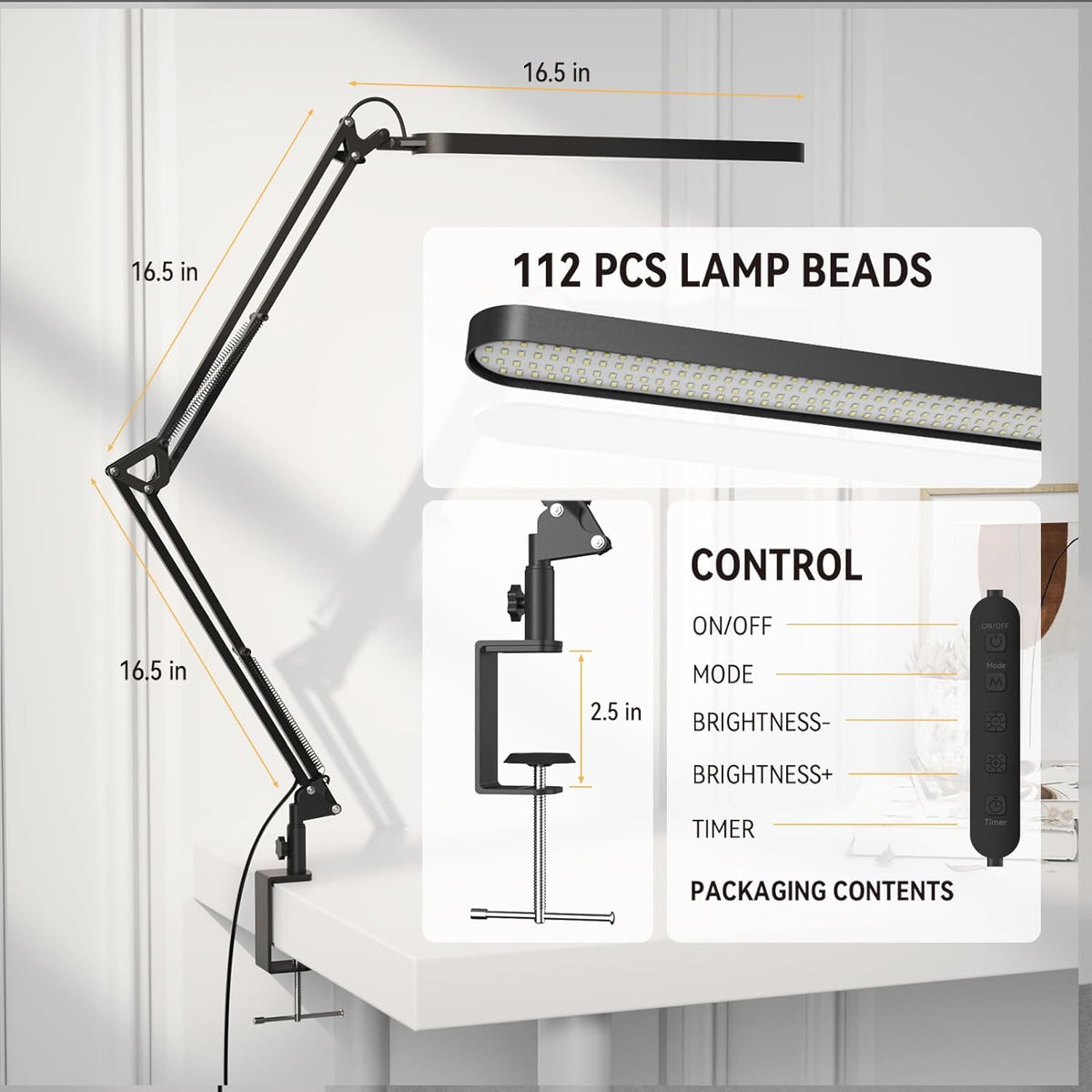 SKYLEO Schreibtischlampe LED – Schreibtischlampe Klemmbar 1300LM – 5 Farbmodi X 11 Helligkeitsstufen – Verstellbarer Schwenkarm – Timmer Und Speicherfunktion – 12W Desk Lamp – Schwarz