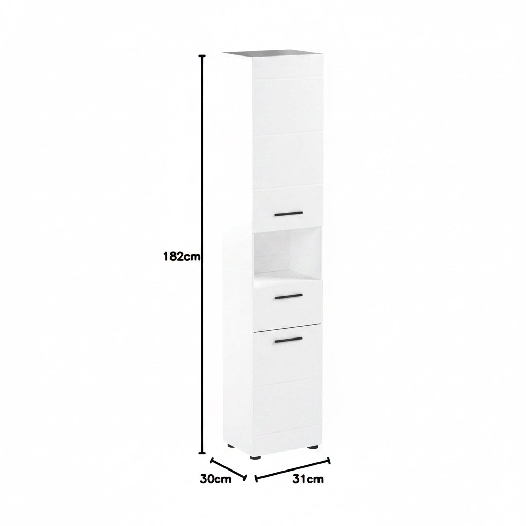 Trendteam Smart Living - Skin - Hochschrank - Weiß/Weiß Hochglanz - 5 Fächer, Eine Ablage Und Eine Schublade - (Bxhxt) 30 X 182 X 31 Cm - 2 Verstellbare Einlegeböden - Kratzfest