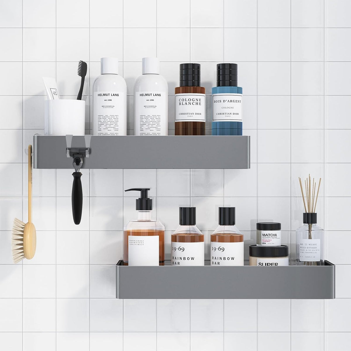 Duschablage Ohne Bohren - 2 Stück Rostfreie Badezimmer Organizer, Schnell Trocknende Badregal Ohne Bohren Mit Großer Kapazität, Langlebige Shampoo Halterung Für Duschel, Large, Weiß, Schwarz
