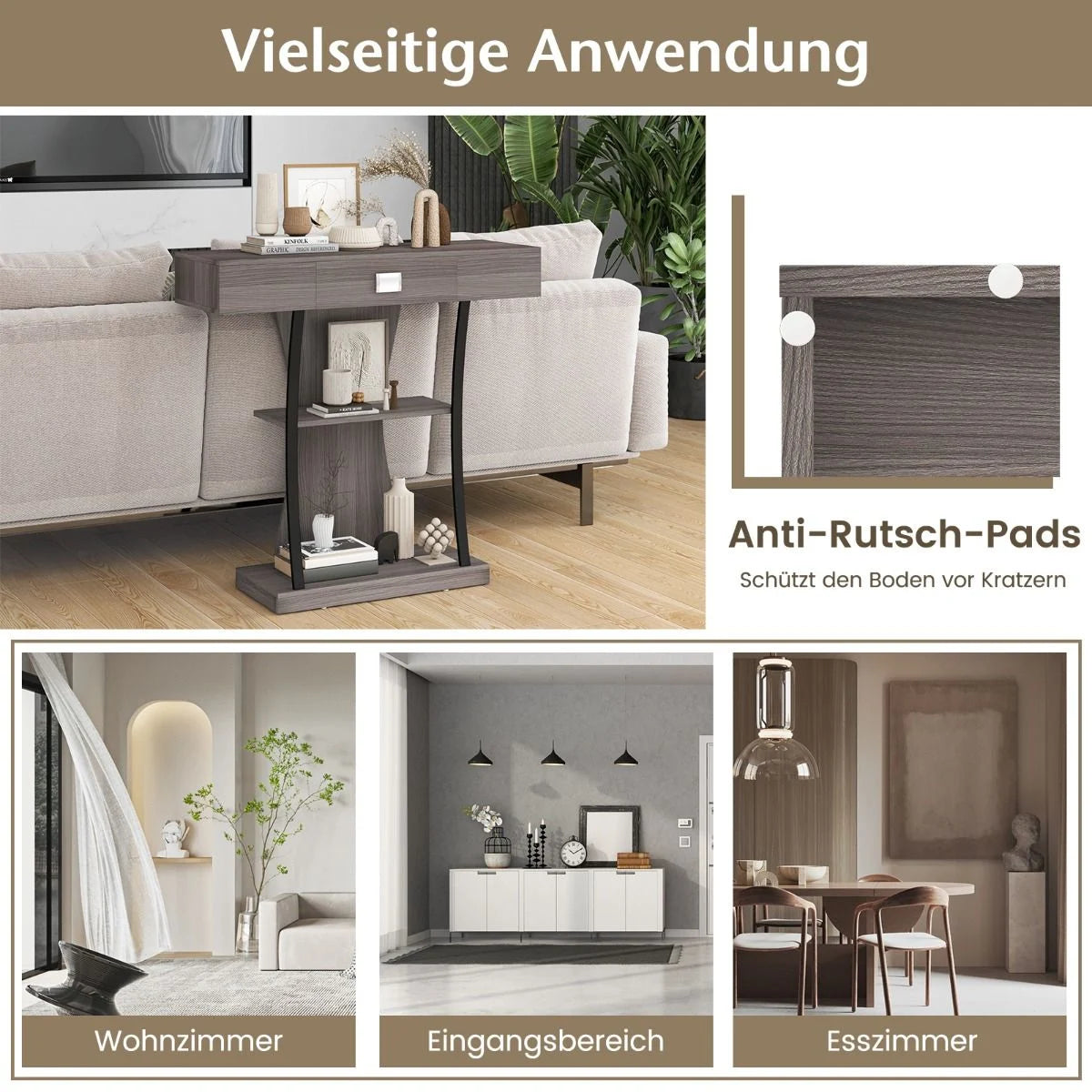 Konsolentisch Aus Holz Mit Schubladen & Metallrahmen & 2 Ablagen & Kippschutz Grau