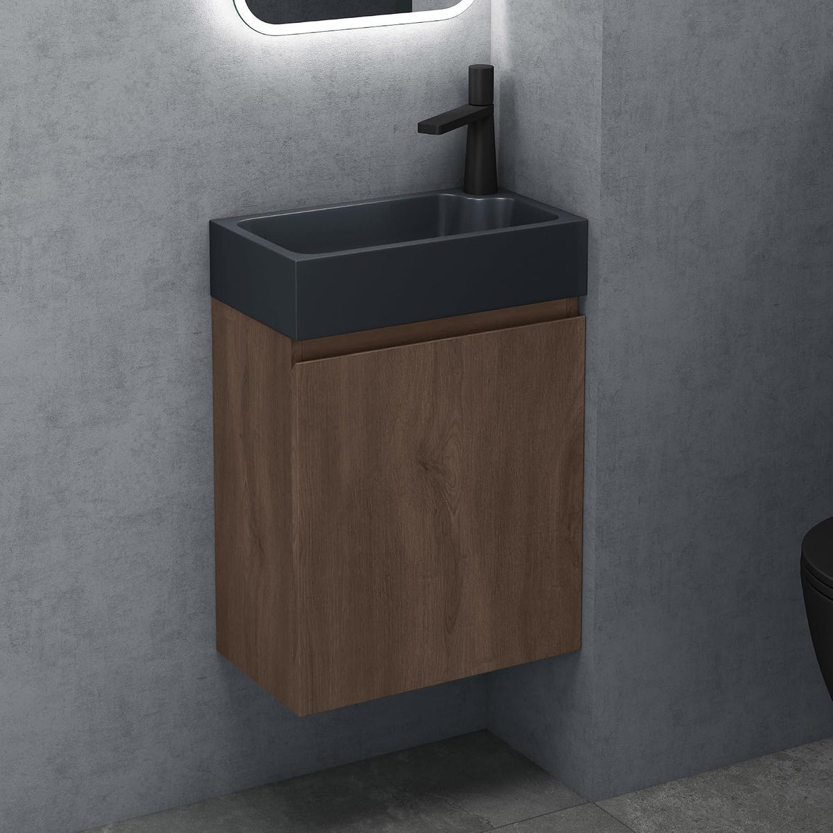 Doporro Badezimmerschrank Badmöbel-Set in Eiche Greige Bxtxh: 46X26X63Cm Waschtisch Mit Unterschrank Mit Mineralguss-Waschbecken in Matt Anthrazit Gäste-Wc Wandmontage Pisa02