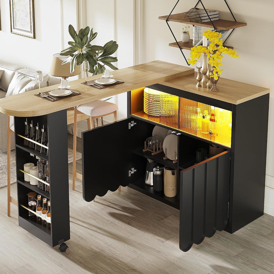 Ausziehbarer Bartisch Küchenschrank Höhe 100 Cm Mit Esstisch Ausziehbar Und LED Licht, Kücheninsel Sideboard Mit Stauraum, Buffetschrank Bistrotisch Barschrank Für Küche Und Esszimmer, Schwarz