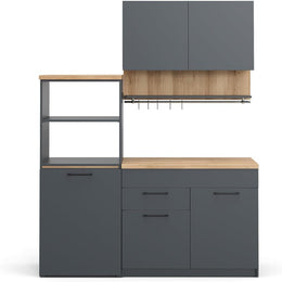 Vicco Küchenzeile Egbert, Anthrazit, 160 Cm Mit Ausziehbarem Tisch, Mit Integriertem Tellertrockner Und Seitlichen Regalablagen
