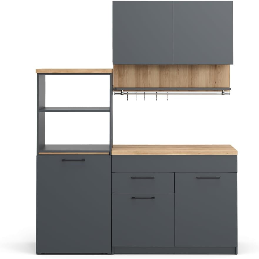Vicco Küchenzeile Egbert, Anthrazit, 160 Cm Mit Ausziehbarem Tisch, Mit Integriertem Tellertrockner Und Seitlichen Regalablagen