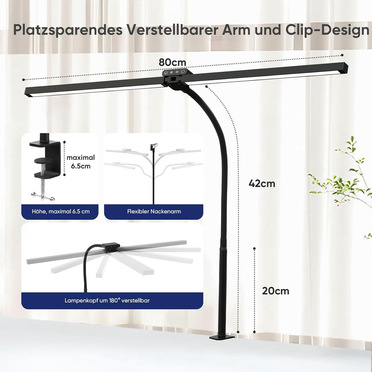 Doppelkopf LED Schreibtischlampe Mit RGB,24W Dimmbar Schreibtischleuchte Mit Fernbedienungen, Klemmbar Tageslichtlampe Mit Stufenlose Dimmung&Farb,Büro Tischlampe Für Home&Office (Schwarz)