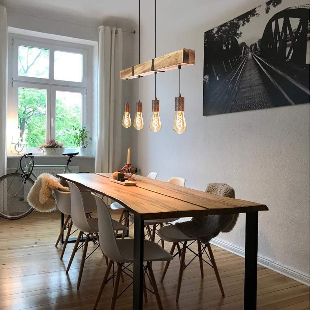 GBLY Vintage Pendelleuchte Holz Esstischlampe Retro Hängeleuchte Mit 80CM Holzbalken 4 X E27 Max. 25 Watt Hängelampe Industrial Pendellampe Für Esszimmer Küche Wohnzimmer Bar Restaurant