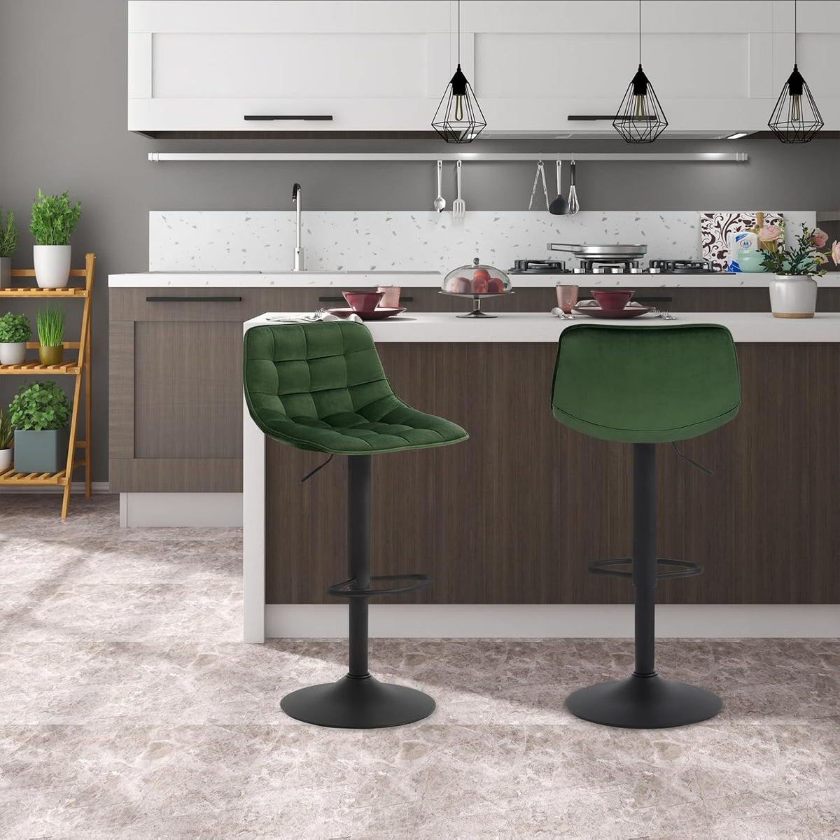 WOLTU 2Er Set Barhocker Küchenstuhl Barstuhl Mit Rückenlehne Und Einstellgriff, Höhenverstellbar & 360° Drehbar, Tresenhocker Bar Hocker Aus Hochwertigem Samt Und Metall, Dunkelgrün