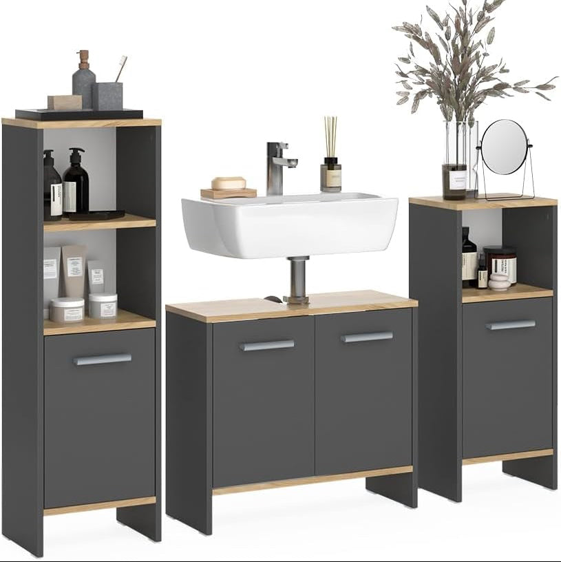 Vicco Badmöbel-Set Karli, Anthrazit/Goldkraft Eiche, 131.4 Cm, Besteht Aus Waschbeckenunterschrank, Spiegelschrank Und Hochschrank