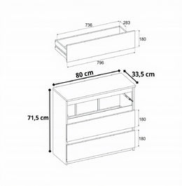 Kommode Mit 3 Schubladen – Schmale Schlafzimmer Kommode, Modernes Sideboard Holz - Grau Matt/Wotan – 80 X 71,5 X 33,5 Cm