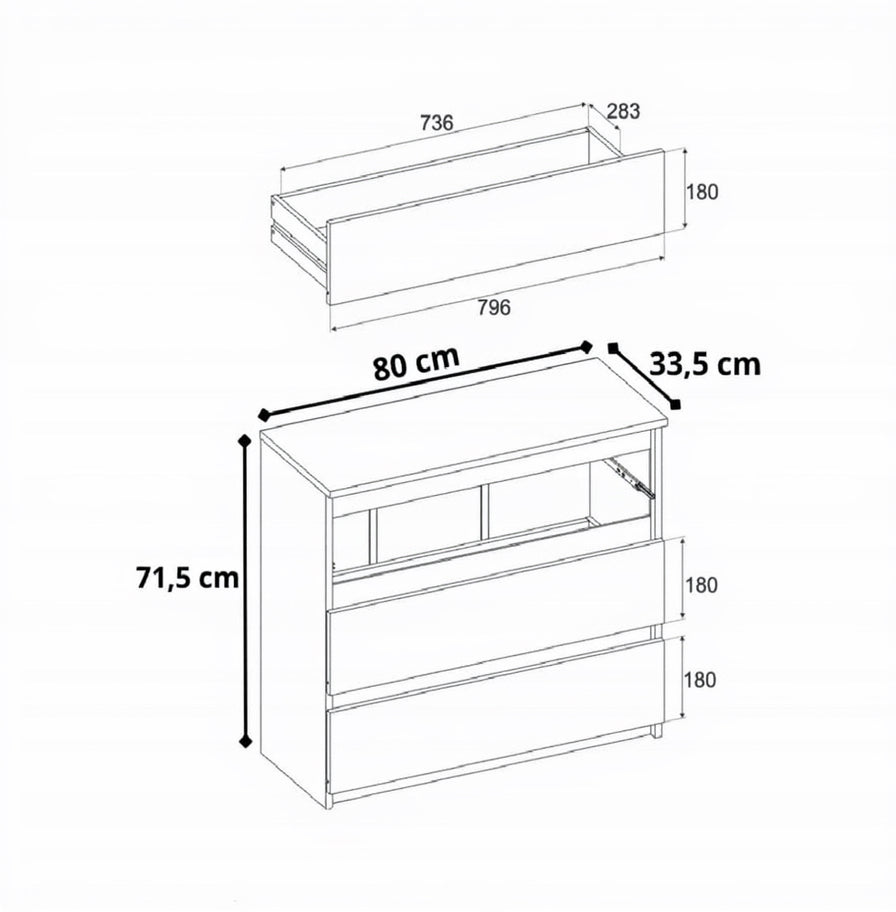 Kommode Mit 3 Schubladen – Schmale Schlafzimmer Kommode, Modernes Sideboard Holz - Grau Matt/Wotan – 80 X 71,5 X 33,5 Cm